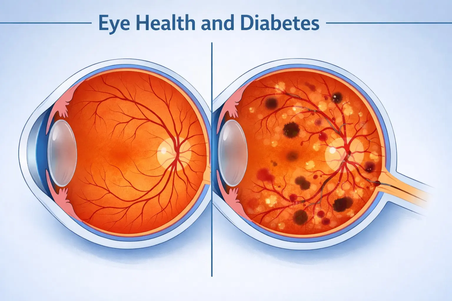 Eye Health and Diabetes guide showing diabetic retinopathy stages, blood sugar control tips and the importance of annual retinal exams for protecting vision with diabetes