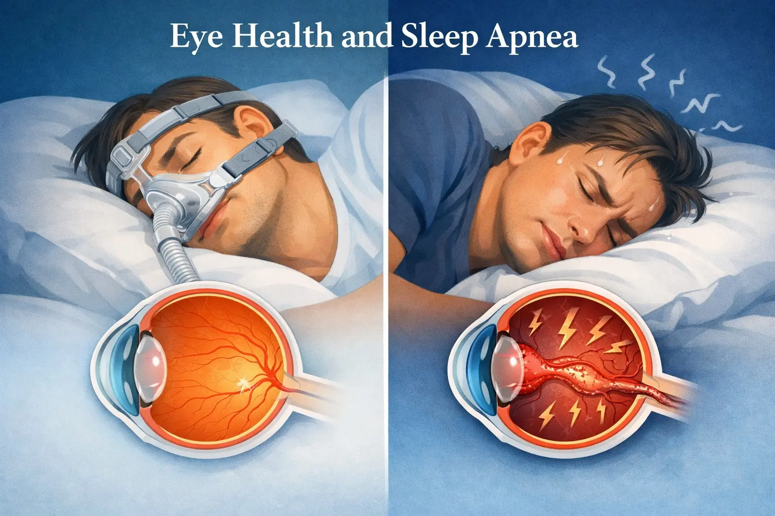 Eye health and sleep apnea connection showing glaucoma NAION floppy eyelid syndrome and how CPAP therapy protects vision in OSA patients
