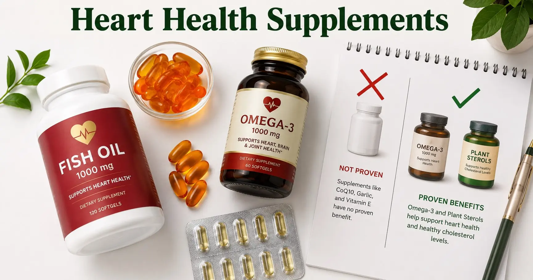 Heart health supplements guide showing which supplements work for cardiovascular health including omega-3 plant sterols and magnesium with honest evidence review