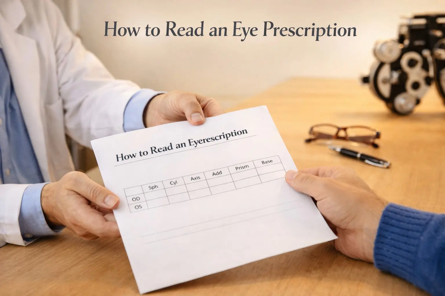 How to read an eye prescription showing abbreviations SPH CYL axis ADD and PD explained simply for glasses and contact lens prescriptions