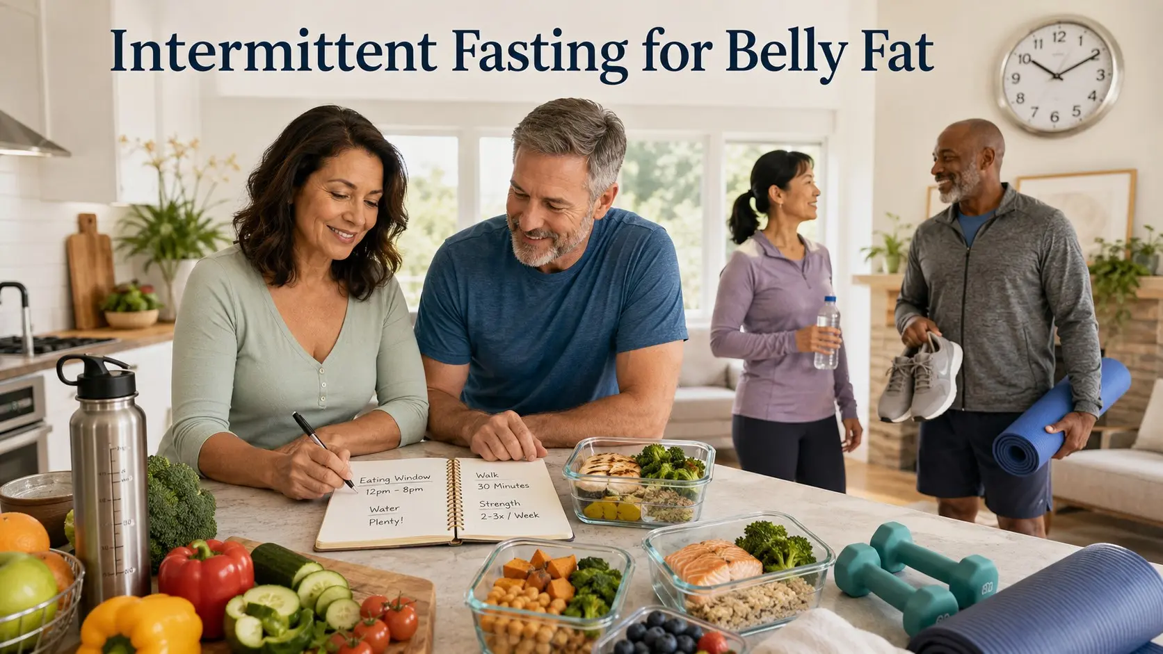 Intermittent Fasting for Belly Fat guide with adults planning meal timing, healthy food, water, walking, and light strength habits