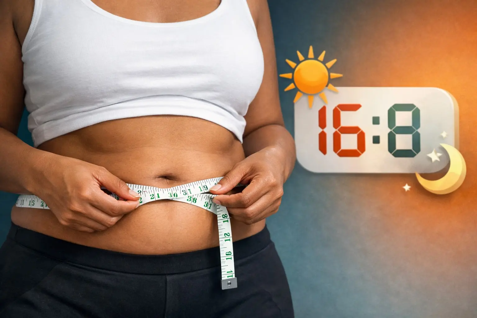 Modern illustration showing a person with a measuring tape around their waist and a digital clock displaying 16:8, representing intermittent fasting for belly fat reduction — 2026 research guide.