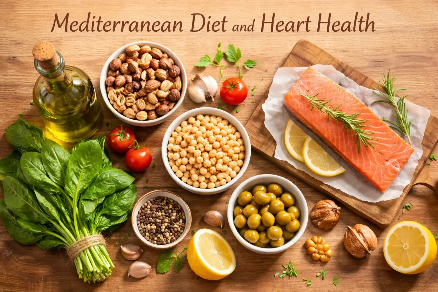 Mediterranean diet and heart health foods including olive oil salmon nuts lentils and vegetables shown to reduce heart attack risk by 30 percent in the PREDIMED trial