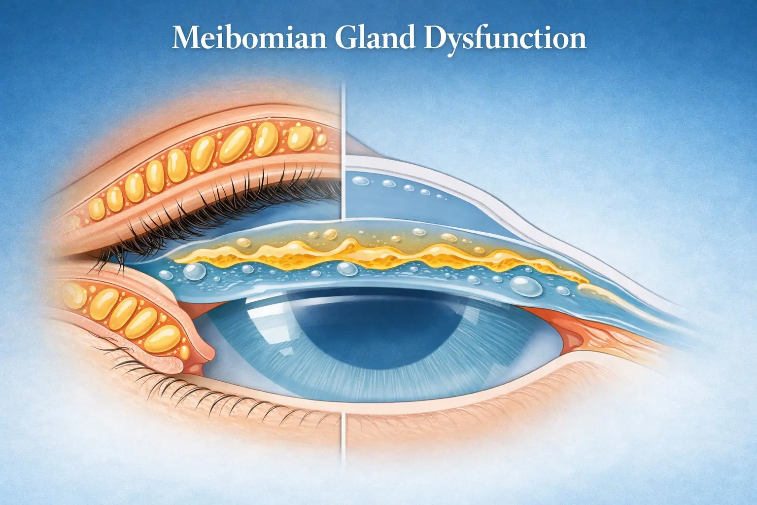 Meibomian gland dysfunction treatment guide showing warm compress routine eyelid massage technique omega-3 supplements and LipiFlow for blocked oil glands