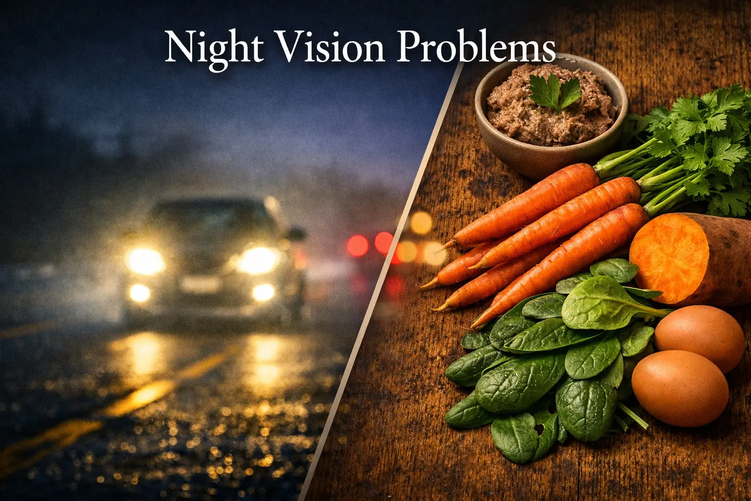 Foods that improve night vision, including carrots sweet potato eggs and spinach showing natural remedies for night vision problems and poor dark adaptation