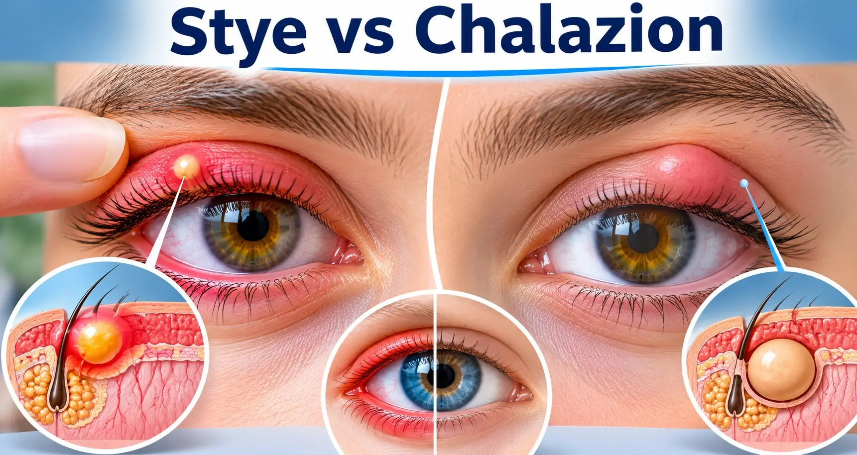 Stye vs chalazion comparison showing the differences in appearance pain and treatment timeline for these two common eyelid lumps