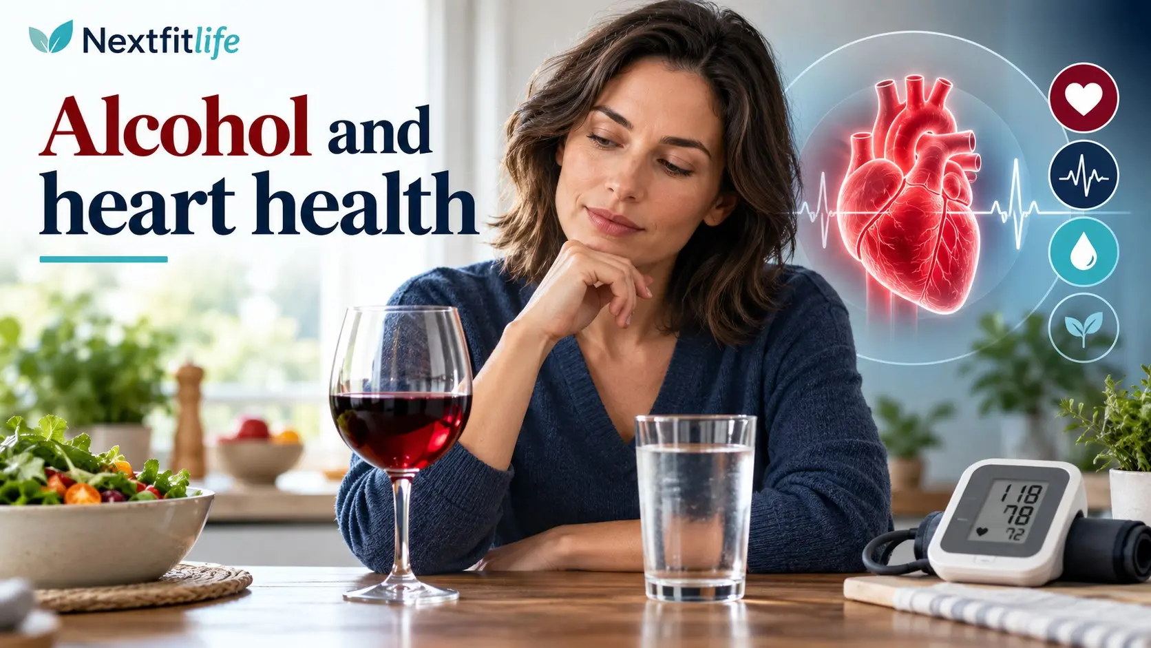 Alcohol and heart health guide showing wine, water, blood pressure, heart rhythm, and cardiovascular risk