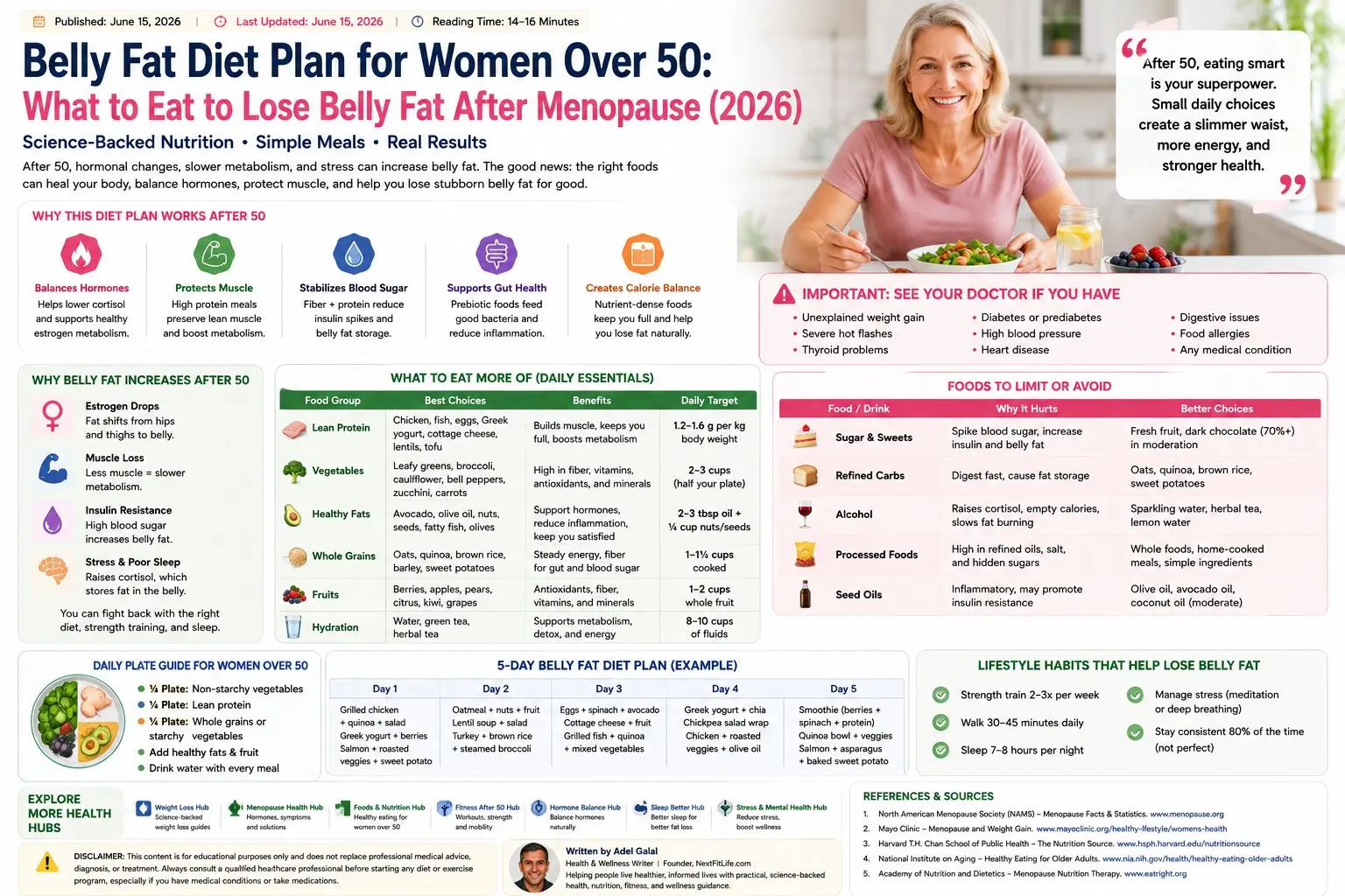 belly fat diet plan for women over 50 - Woman over 50 preparing a balanced meal with salmon, vegetables, beans, yogurt, berries, oats, olive oil, water, walking shoes, and dumbbells