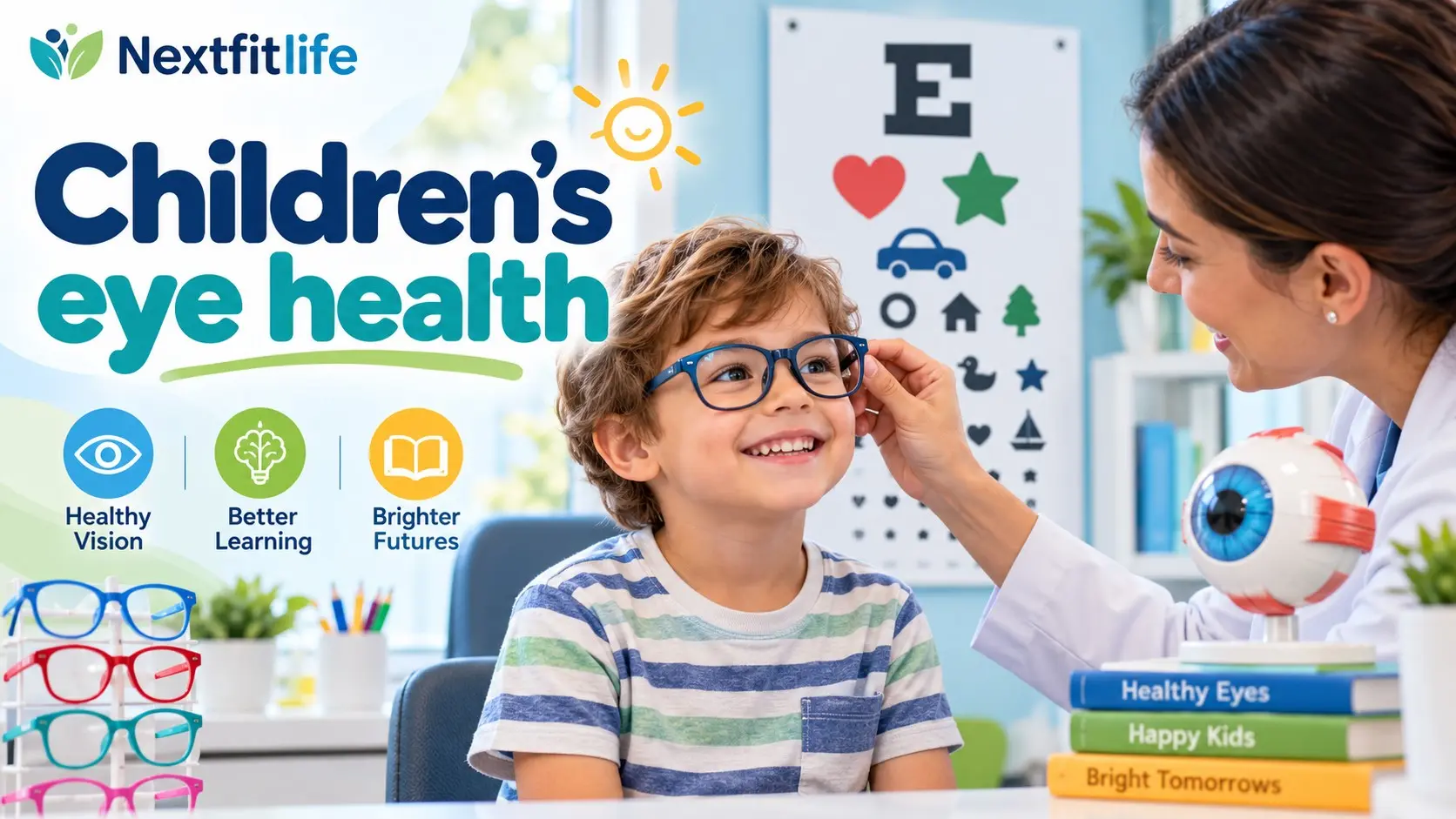 Children's eye health guide showing a child having vision screening with an eye care professional