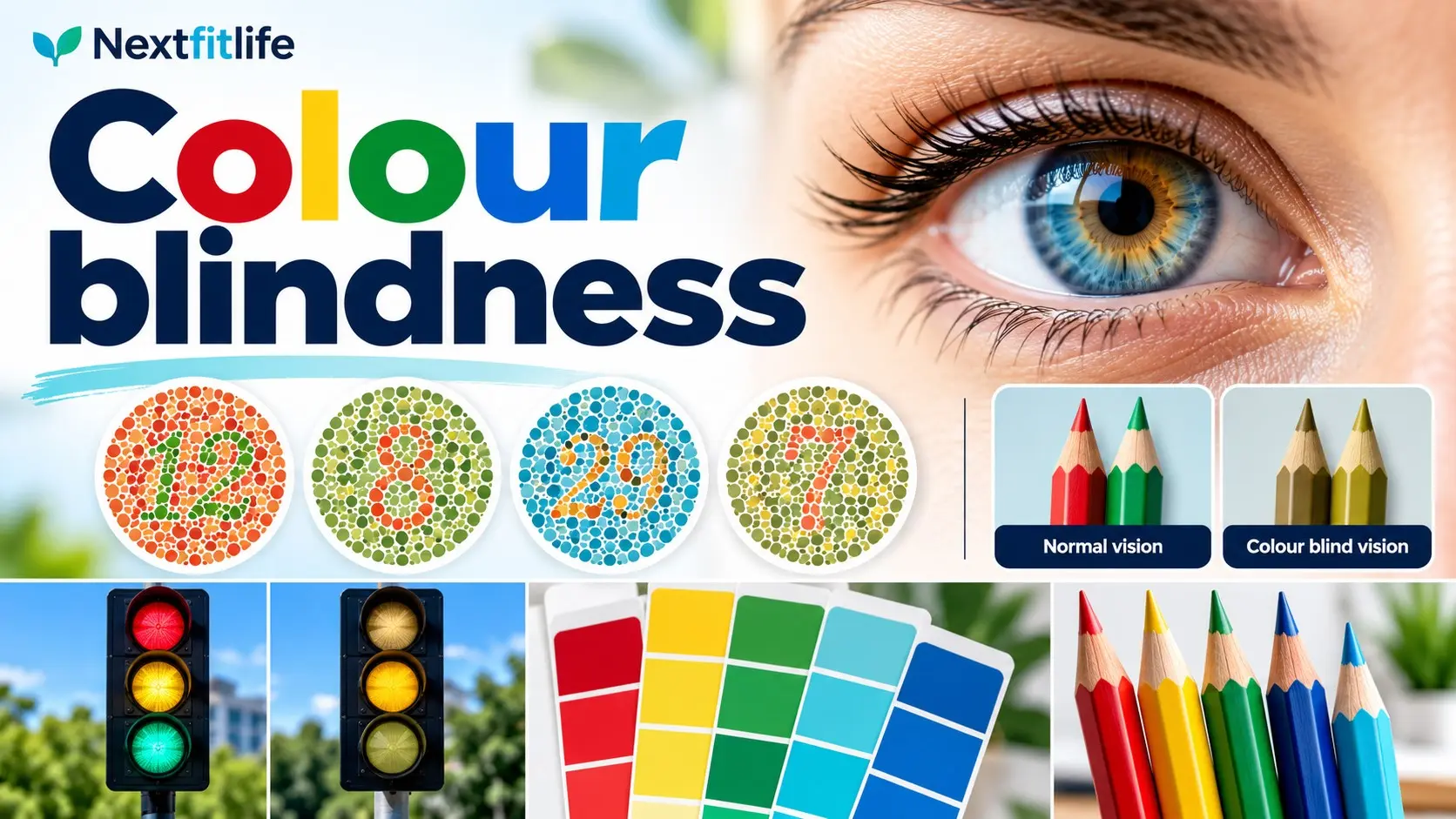 Colour blindness guide showing Ishihara colour test patterns and different types of colour vision deficiency