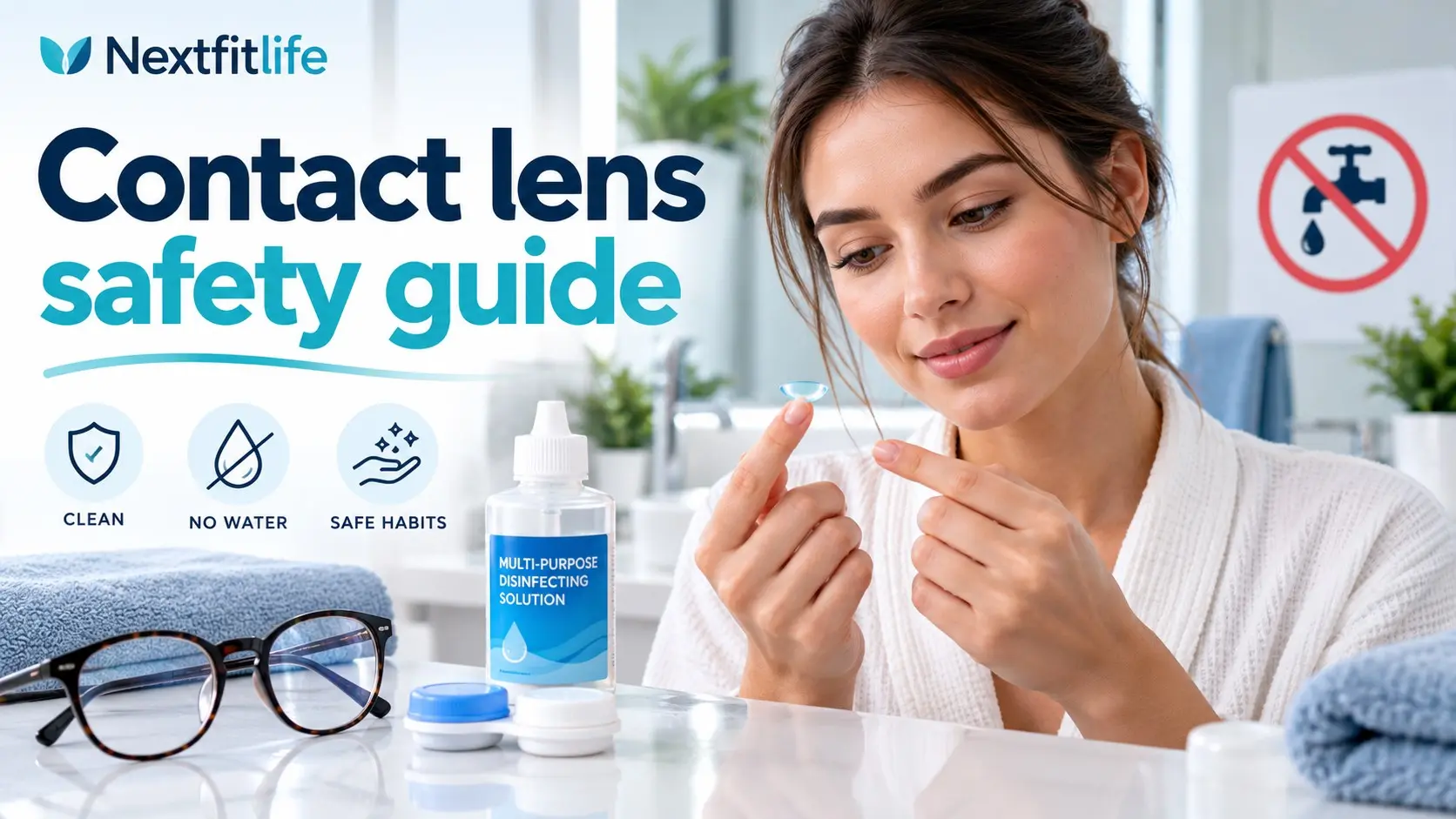 Contact lens safety guide showing clean hands, lens case, disinfecting solution, and water exposure warnings