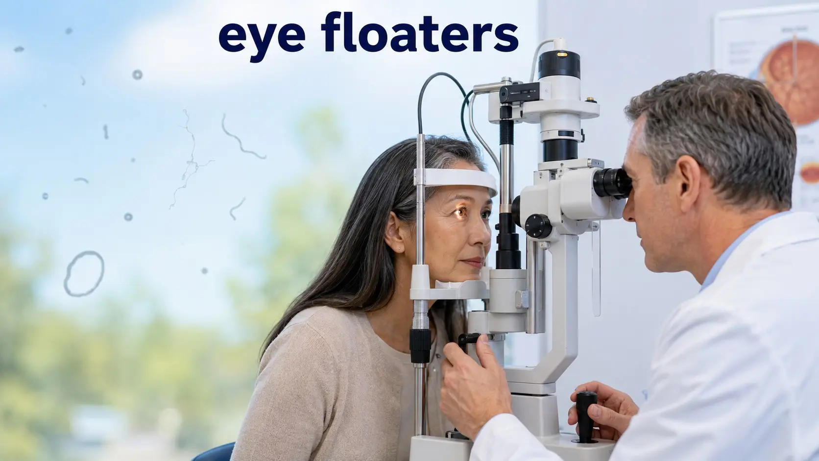 Ophthalmologist examining a patient with new eye floaters for signs of a retinal tear.