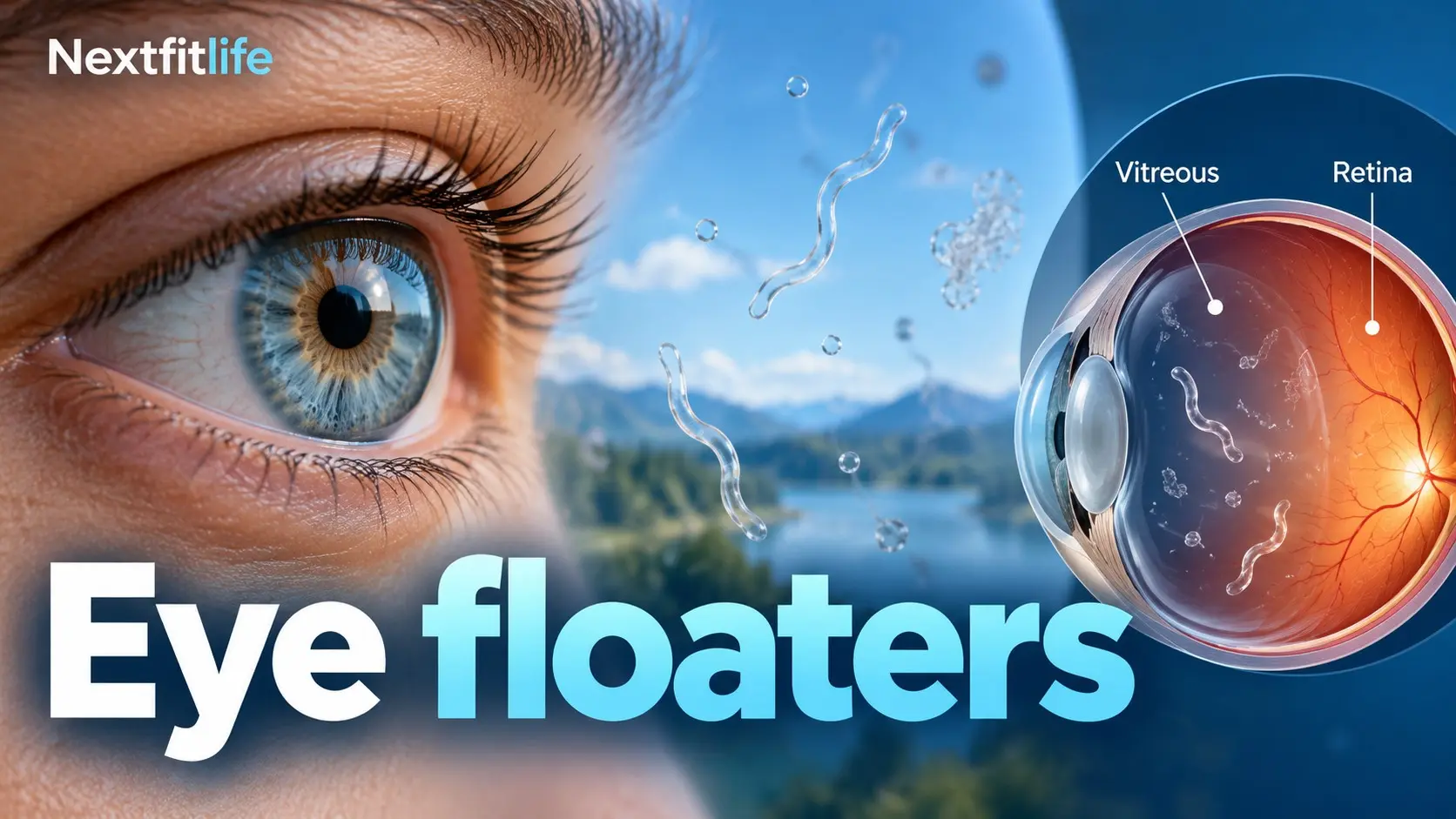 Eye floaters guide showing spots and cobweb shapes in vision with retinal warning signs