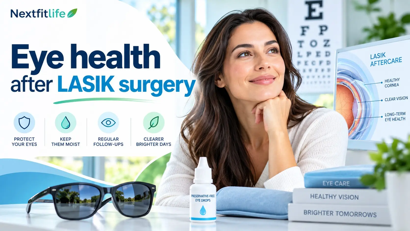 Eye health after LASIK surgery guide showing long term eye care, lubricating drops, sunglasses, and follow up eye exams