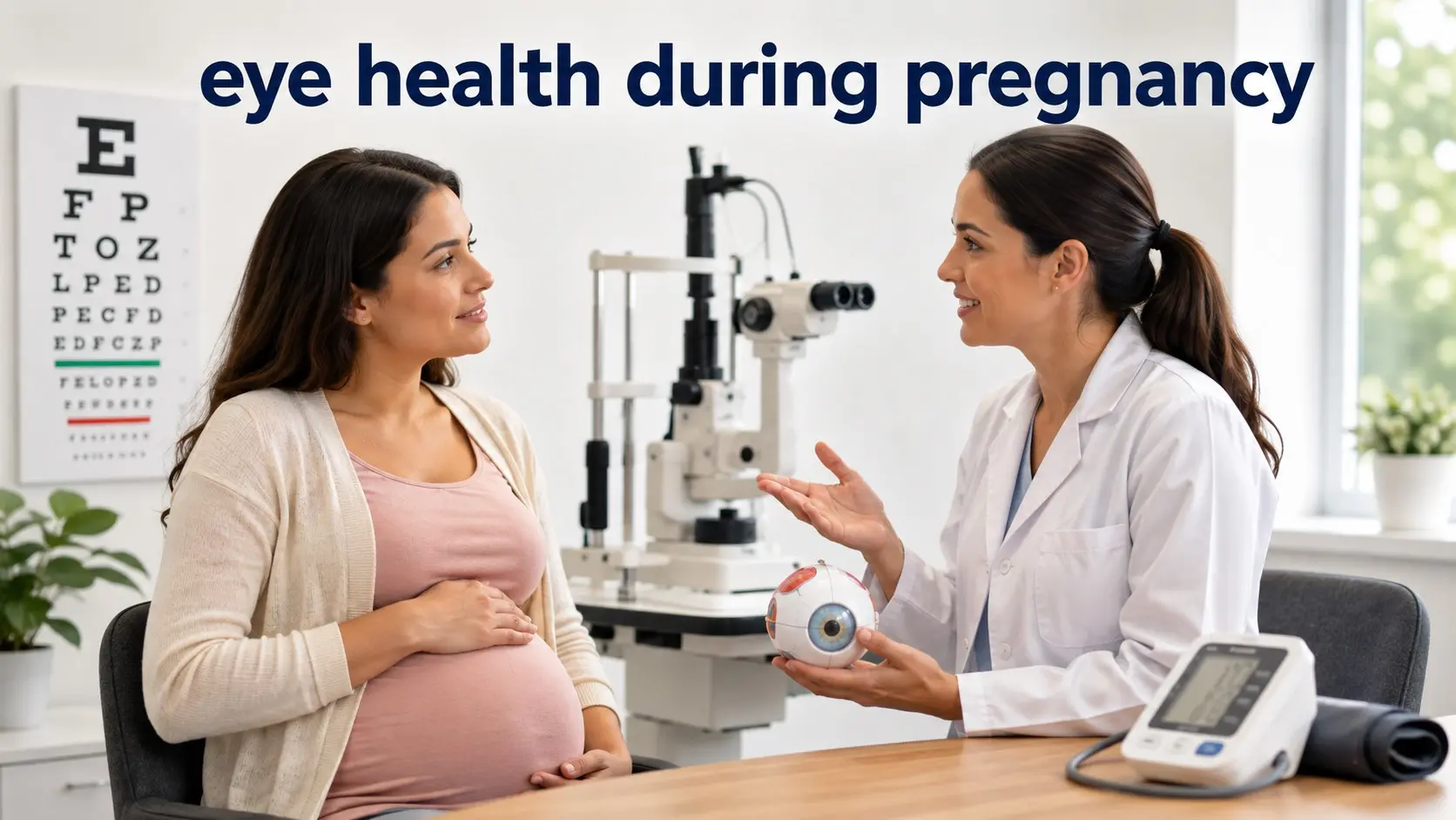 ye health during pregnancy - Pregnant woman discusses blurred vision and eye-health changes with an eye-care professional while a blood-pressure monitor is visible nearby