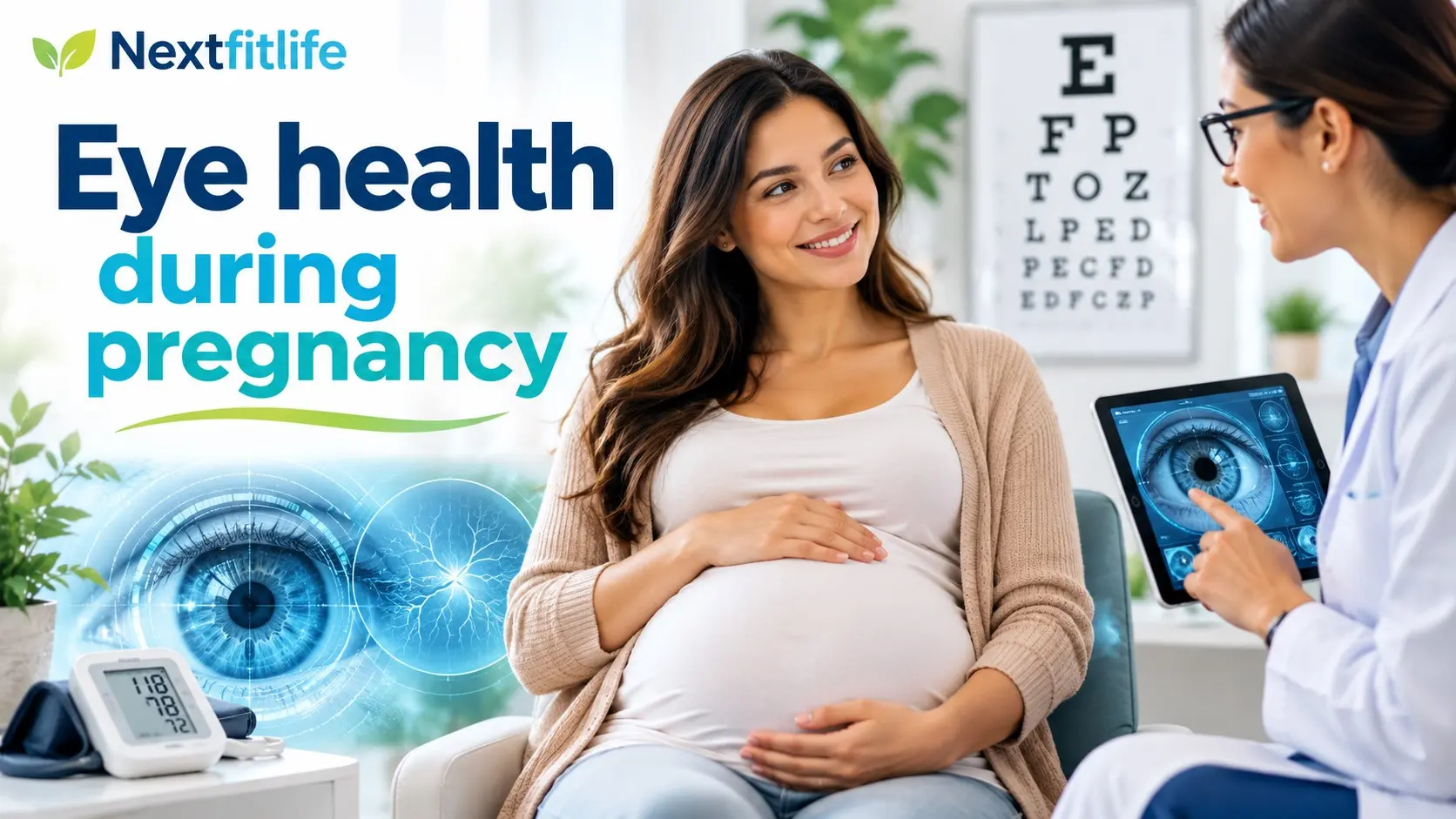 Eye health during pregnancy guide showing a pregnant woman discussing vision changes and eye care