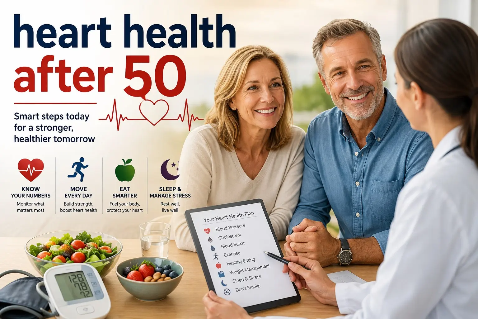 heart health after 50 - Adult over 50 reviews blood pressure, cholesterol, diabetes risk, exercise, and cardiovascular prevention with a healthcare professional.