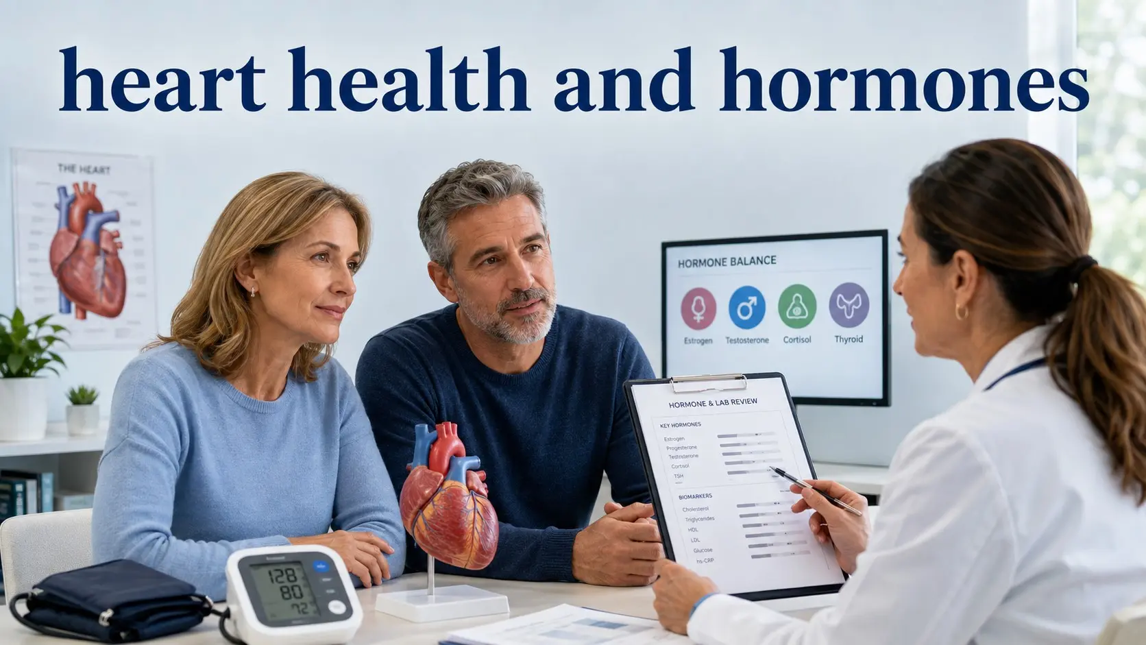 heart health and hormones - Midlife woman and man review blood pressure, cholesterol, menopause, and testosterone-related cardiovascular risks with a healthcare professional.