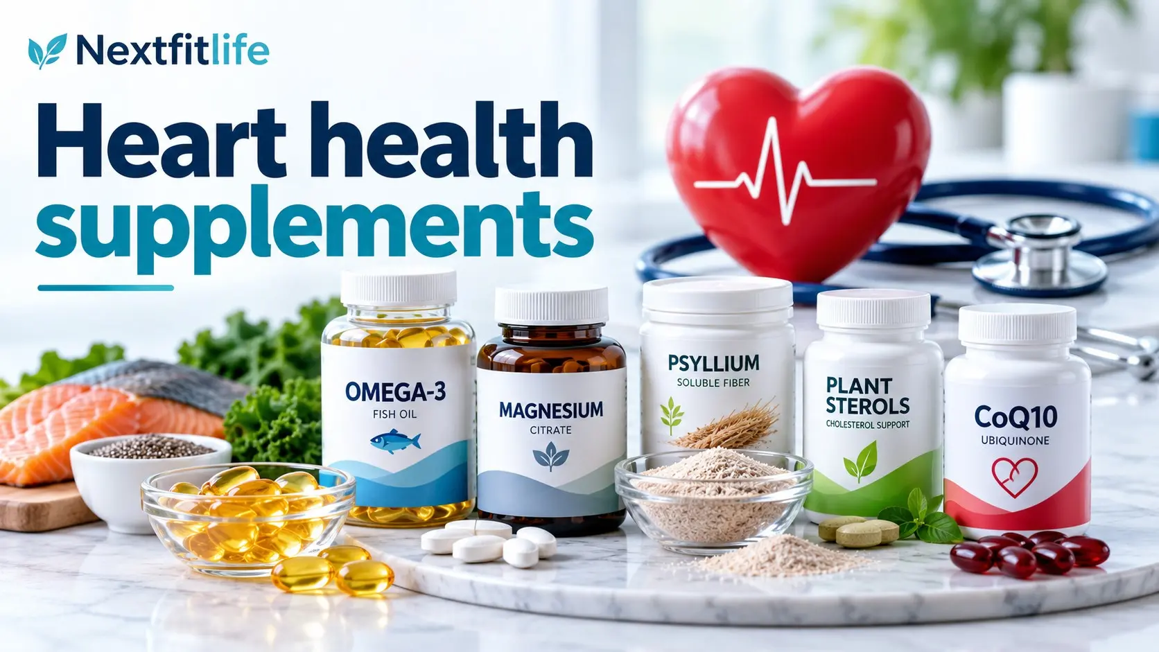 Heart health supplements guide comparing omega 3, plant sterols, magnesium, CoQ10, fiber, and other cardiovascular supplements