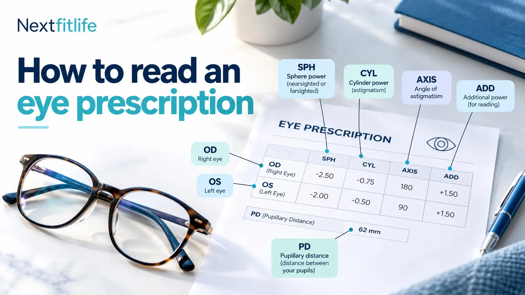 How to read an eye prescription showing OD OS SPH CYL AXIS ADD and PD on a glasses prescription