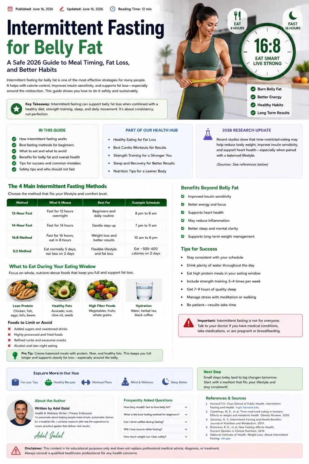 intermittent fasting for belly fat - Adult planning a calm eating window beside a balanced meal, water, walking shoes, light dumbbells, a clock, and a sleep journal