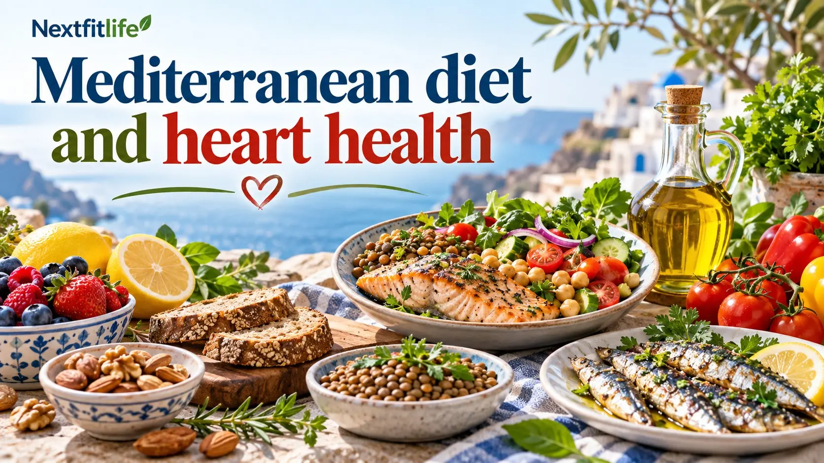 Mediterranean diet and heart health foods with olive oil, fish, vegetables, legumes, whole grains, fruit, and nuts