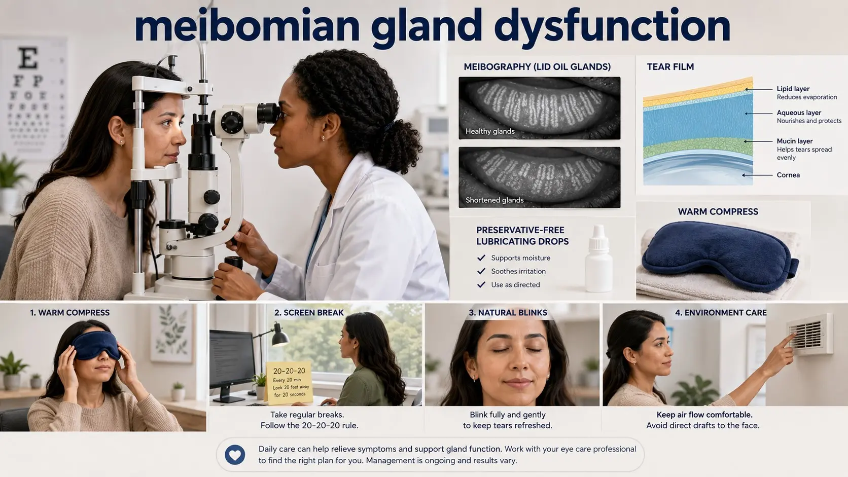 Patient reviewing meibomian gland dysfunction treatment, including eyelid examination, a warm compress, lubricating drops, blinking breaks, and meibography with an eye-care professional.