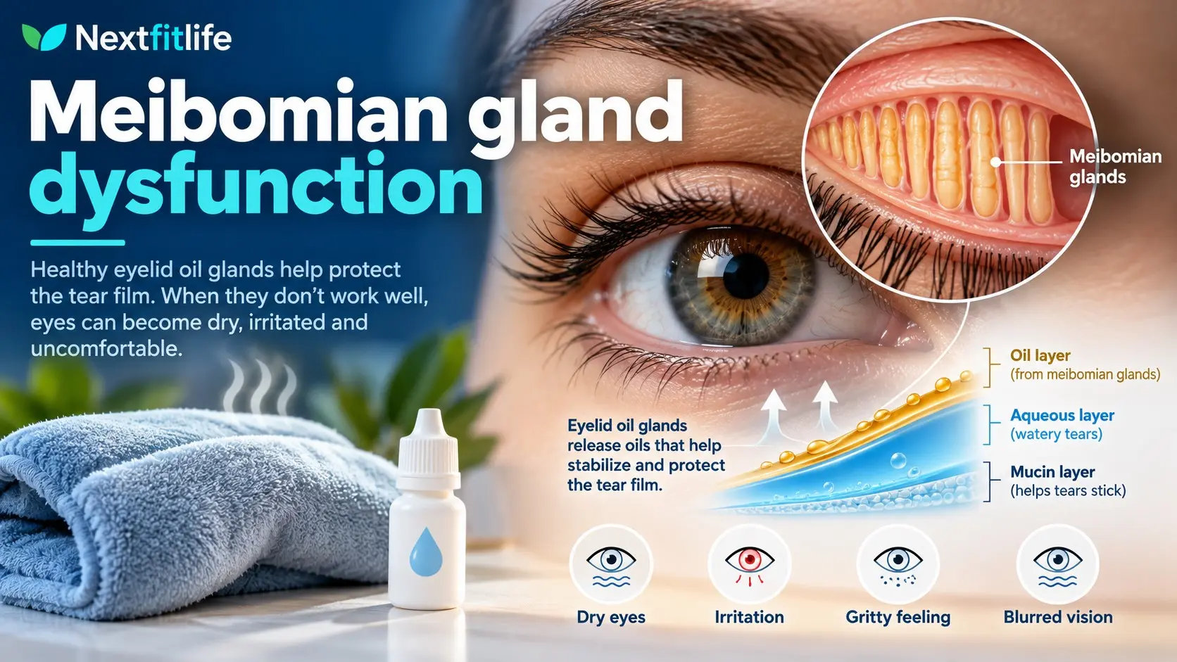 Meibomian gland dysfunction guide showing eyelid oil glands, warm compress care, and evaporative dry eye