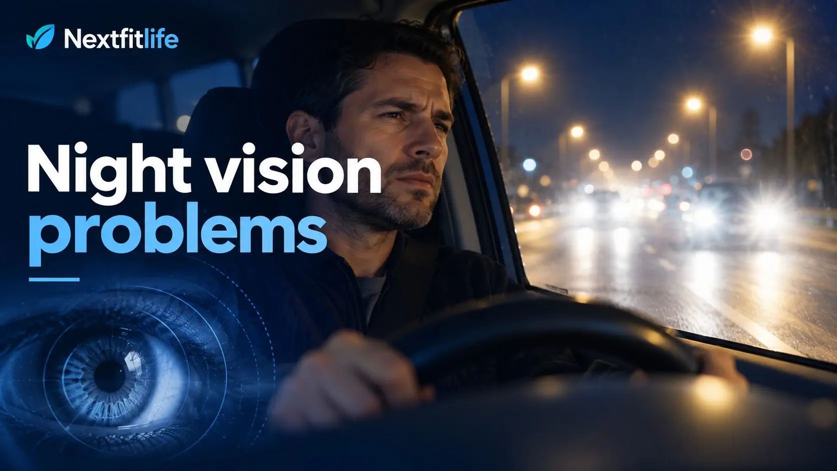 Night vision problems guide showing difficulty seeing road lights and glare while driving at night