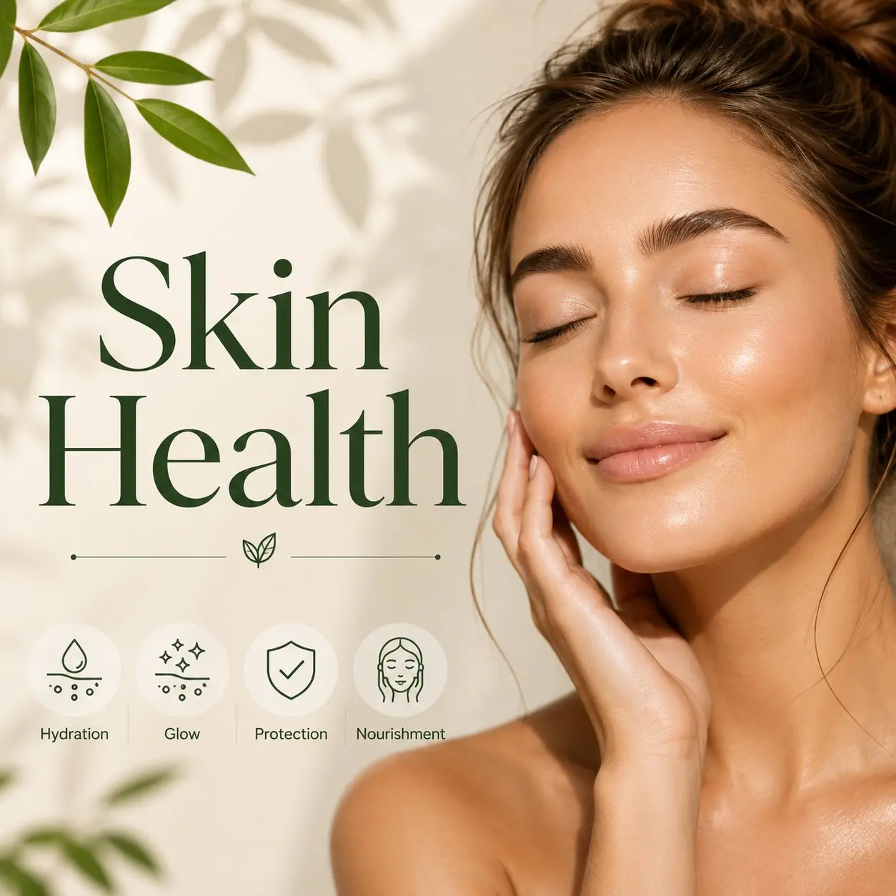 Skin Health - Healthy diverse adults with clear natural skin beside gentle cleanser, moisturizer and sunscreen in a bright dermatology inspired setting