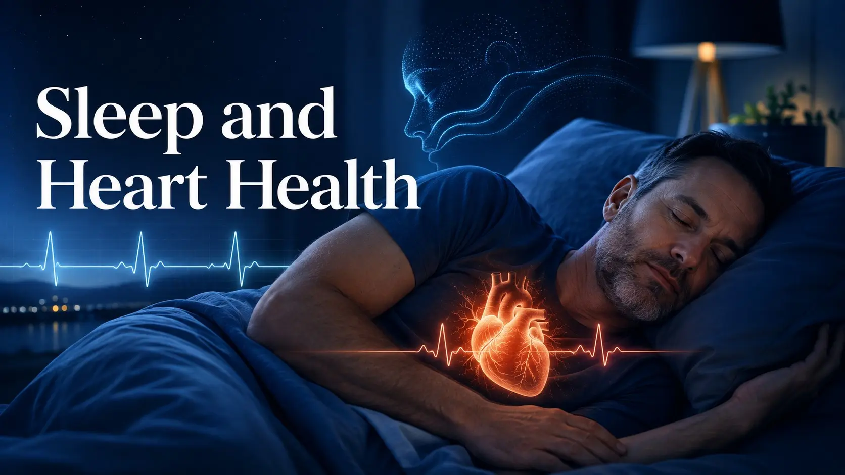 Sleep and Heart Health shown with restful sleep, a healthy heart, blood pressure, heart rhythm and sleep apnea awareness