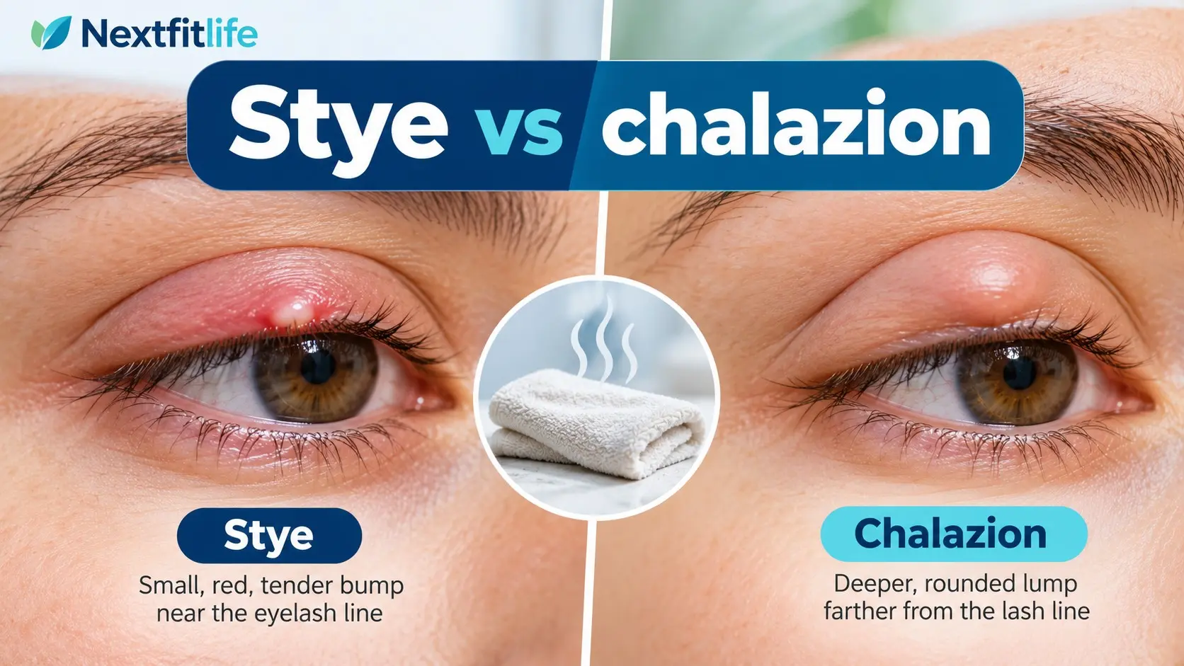 Stye vs chalazion comparison showing a painful eyelid margin stye and a deeper blocked eyelid gland chalazion
