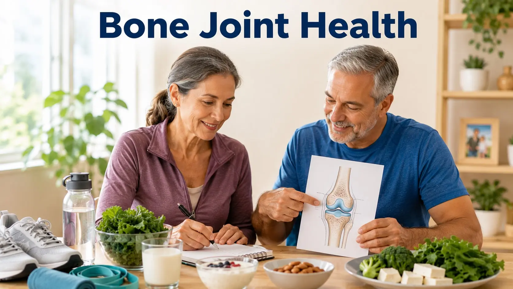 Adults reviewing bone and joint health habits with calcium-rich foods, walking shoes, resistance bands, and wellness notes.