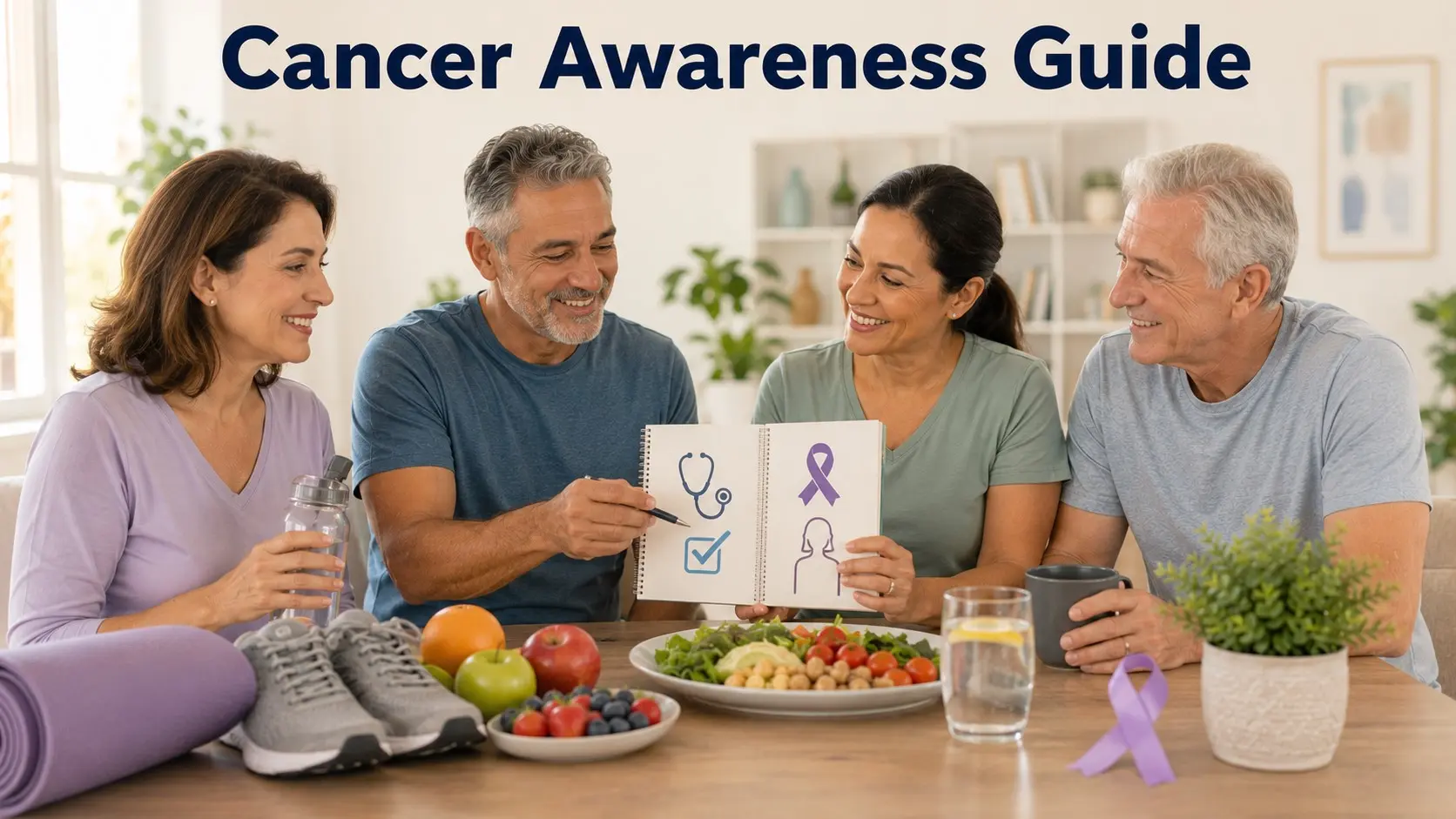 Adults reviewing cancer awareness and prevention topics with screening reminders, healthy food, walking shoes, water, and wellness notes