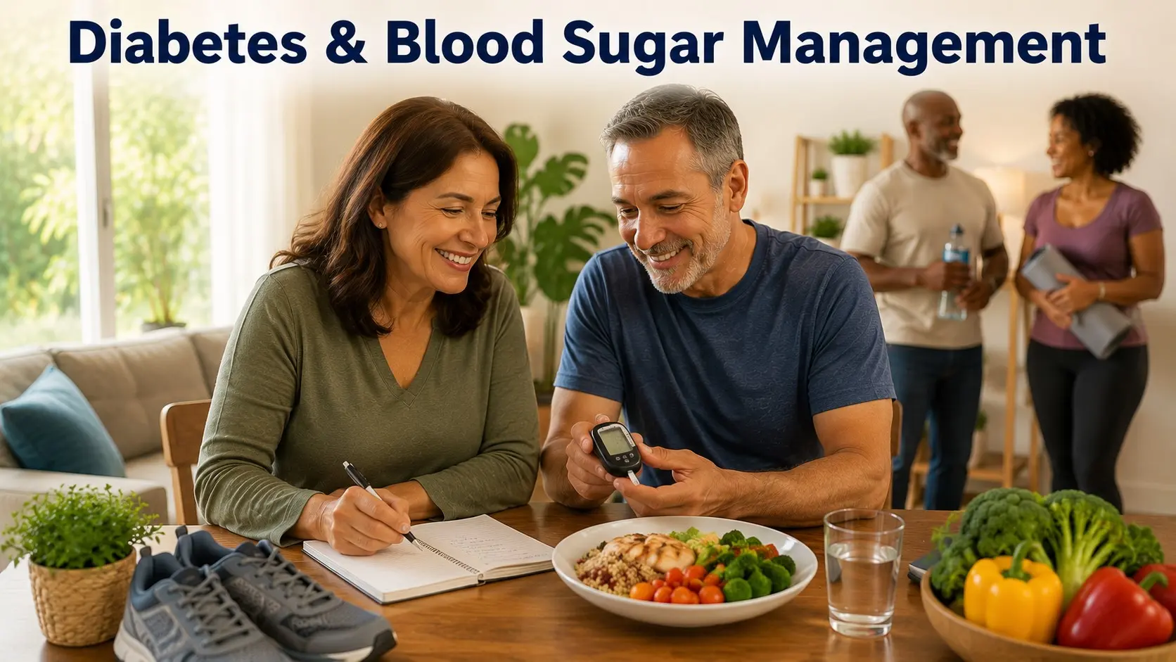 Adults reviewing diabetes care with a glucose meter, balanced meal, water, medication notes, and blood sugar records