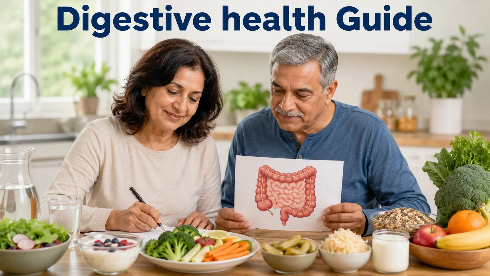 Adults reviewing digestive health habits with probiotic foods, vegetables, water, fiber-rich foods, and gut wellness notes