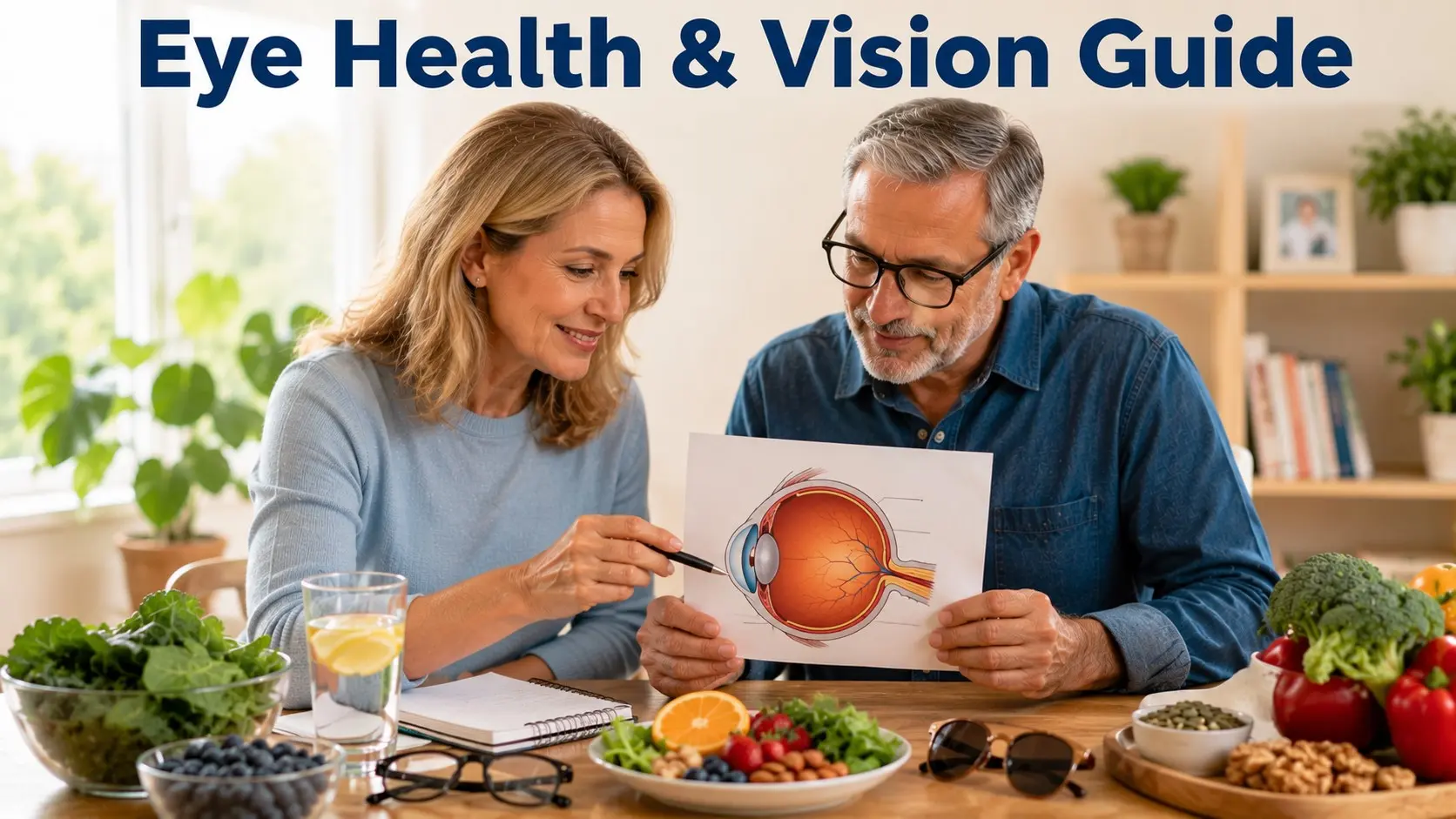 Adults reviewing eye-health habits with glasses, leafy greens, sunglasses, water, and vision-care notes