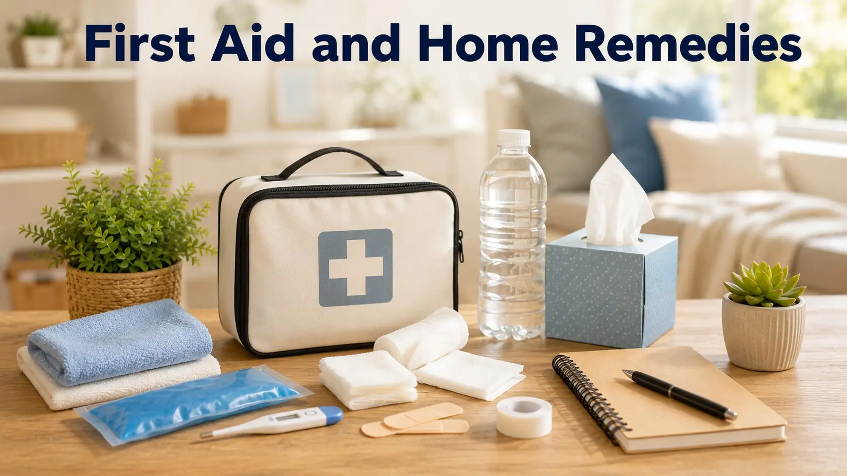 First aid kit with clean gauze, bandages, thermometer, compress, water, tissues, and safety notes for safer home care