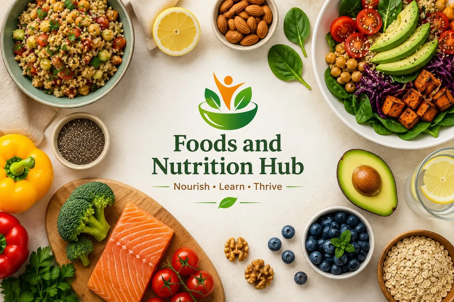 Top view of salmon, vegetables, fruit, whole grains, legumes, nuts, seeds, and healthy fats around the Foods and Nutrition Hub title.