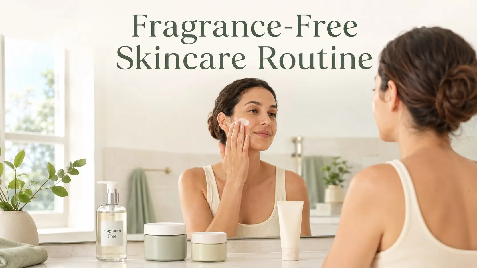Fragrance-Free Skincare Routine- Woman applying fragrance free moisturizer as part of a gentle skincare routine for sensitive skin.