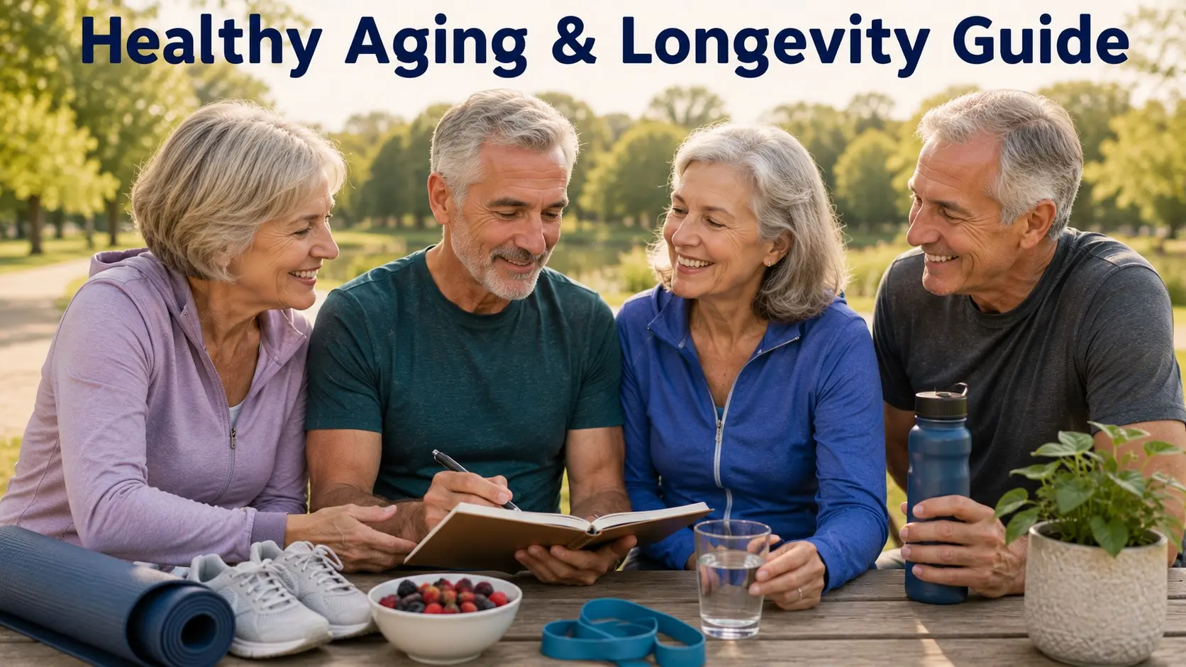 Older adults reviewing healthy aging habits with walking shoes, water, resistance bands, plants, and wellness notes