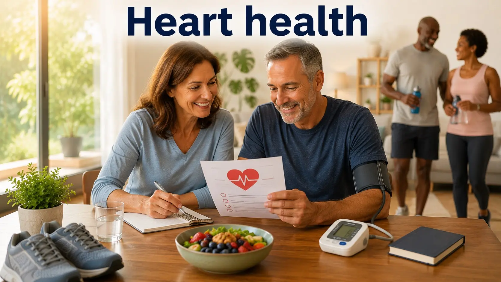 Adults reviewing heart health habits with a blood pressure monitor, healthy foods, and wellness notes