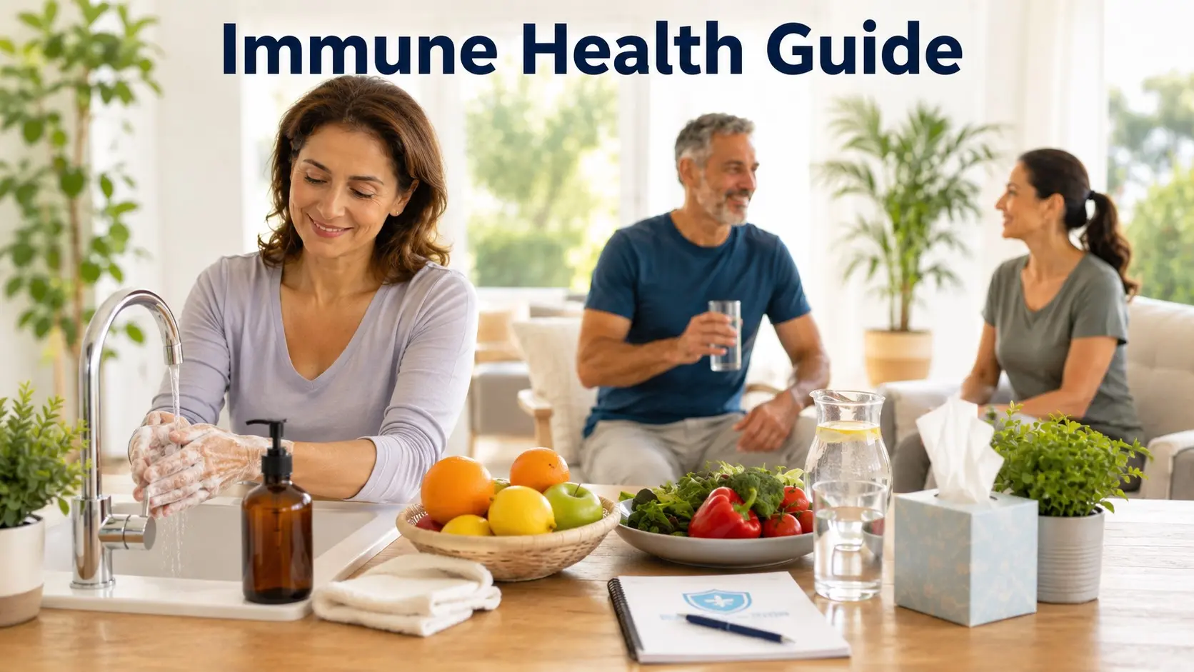 Adults reviewing Immune Health and infection prevention habits with handwashing supplies, fruits, vegetables, water, tissues, and wellness notes