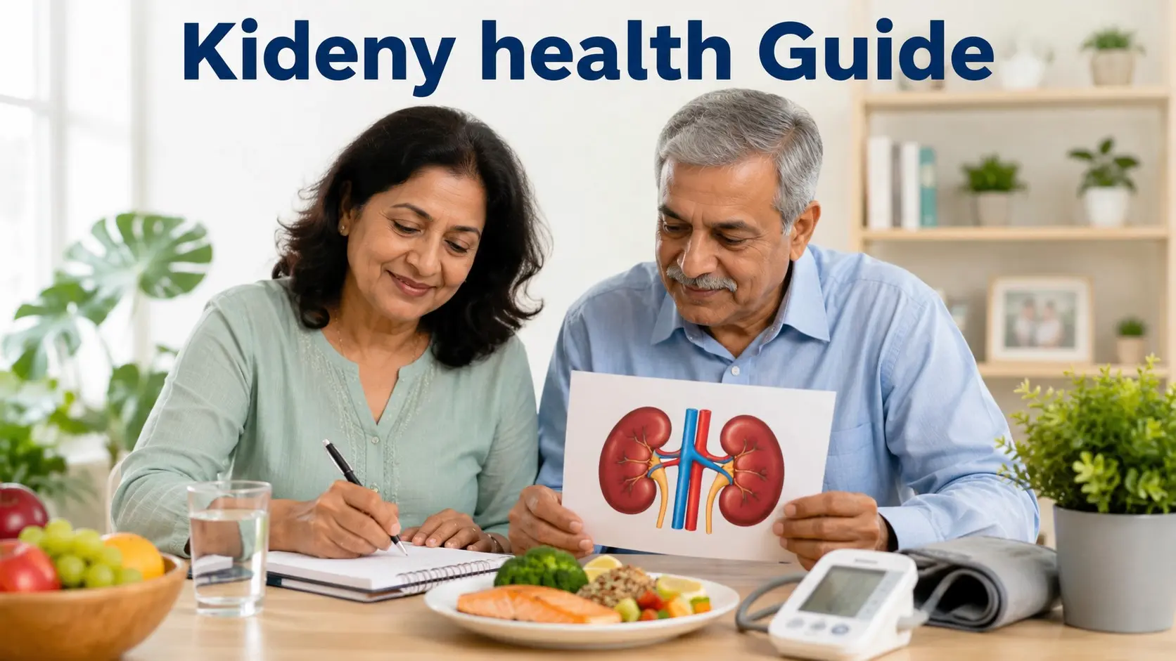 Adults reviewing kidney health habits with water, a blood pressure monitor, balanced food, and kidney wellness notes