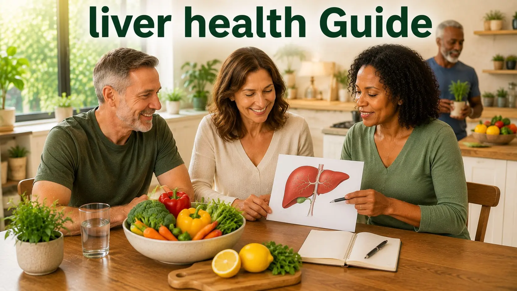 Adults reviewing liver-health habits with vegetables, water, and wellness notes