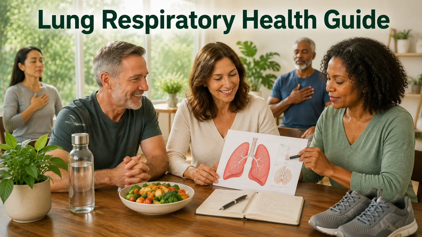 Adults reviewing lung-health habits with fresh air, water, plants, walking shoes, and respiratory wellness notes