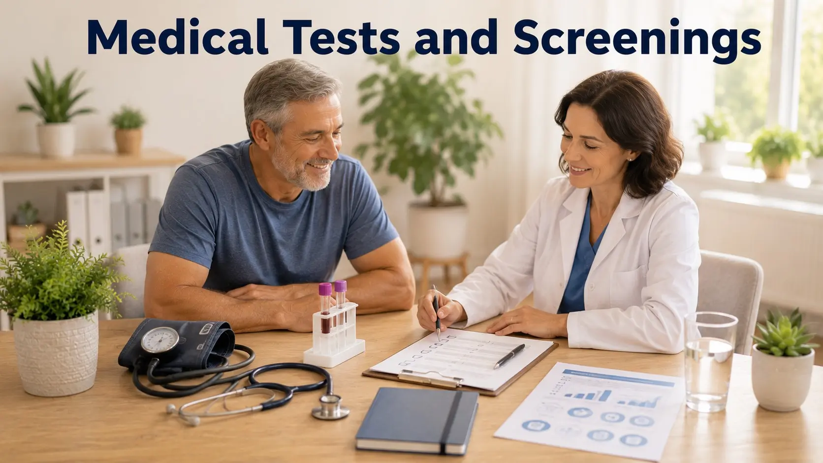 Medical tests and screenings setup with a stethoscope, blood pressure cuff, test tube, checklist, lab report, and health notes