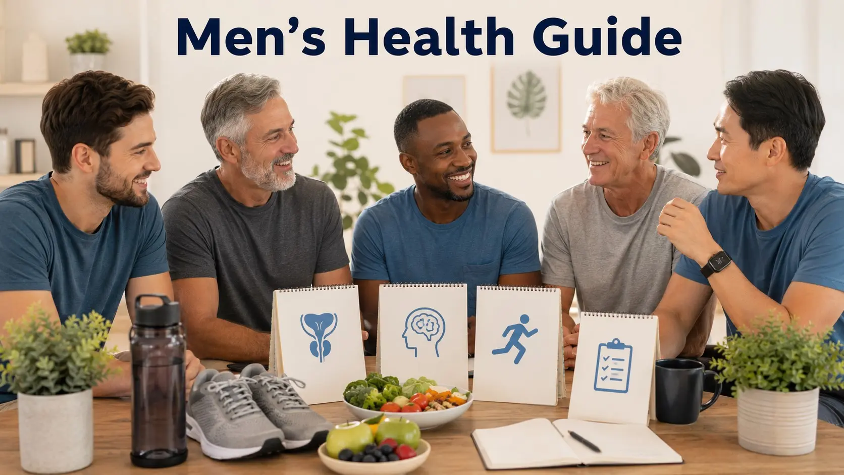Men of different adult ages reviewing men’s health topics with screening reminders, nutrition, movement, mental wellness, and preventive care notes