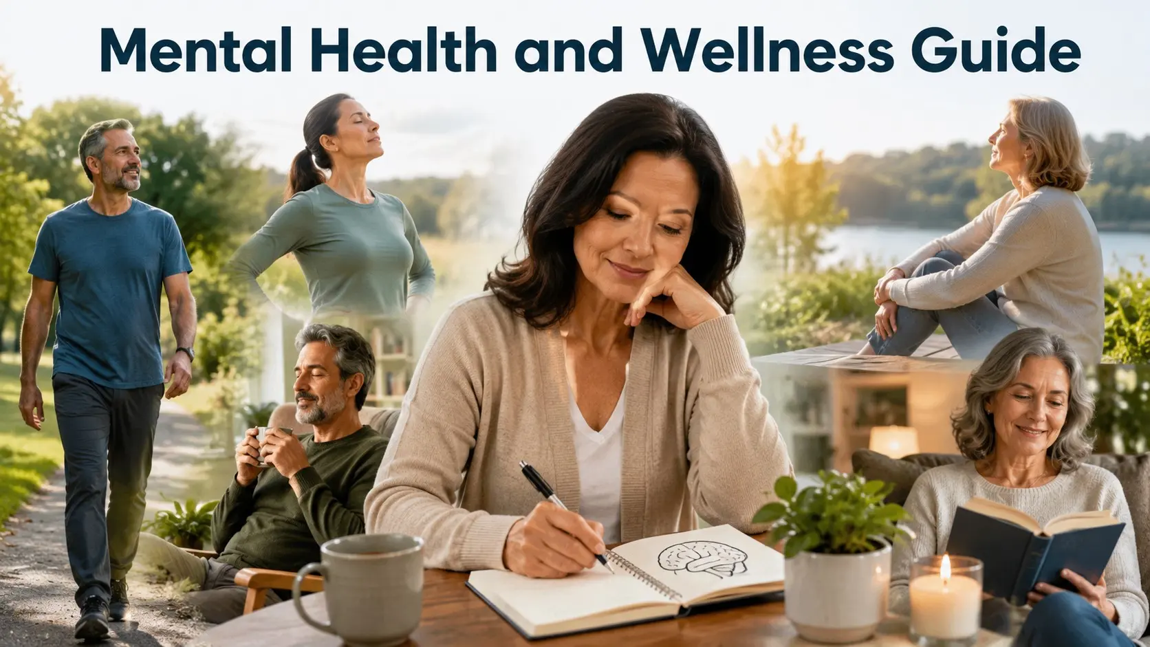 Adults practicing mental-health and wellness habits with journaling, walking, deep breathing, and calm self-care activities