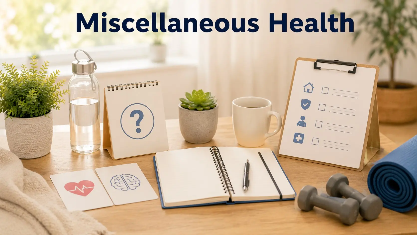 Miscellaneous health topics guide with heart and brain notes, water, plant, question mark icon, and prevention checklist
